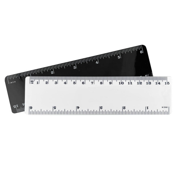 A 15cm plastic ruler in white and black, featuring measurement markings on both sides and a logo.