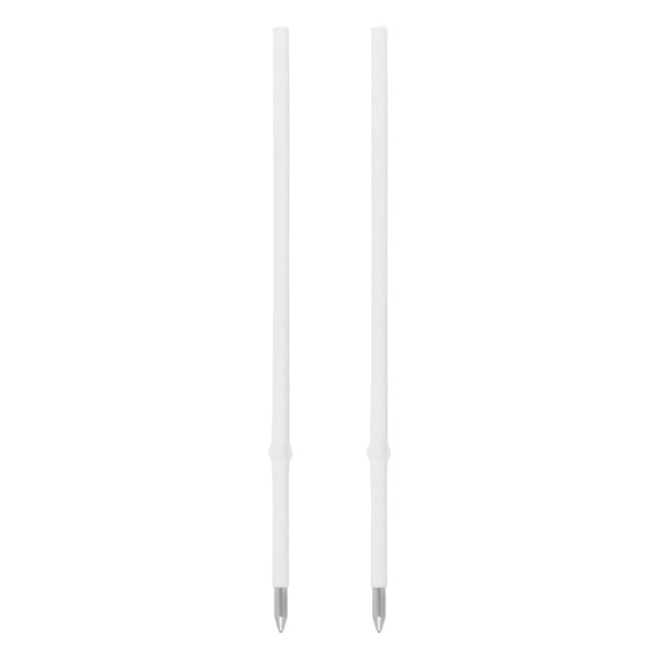 Two white plastic cross-type refills with silver tips, featuring a simple design and a branding logo.