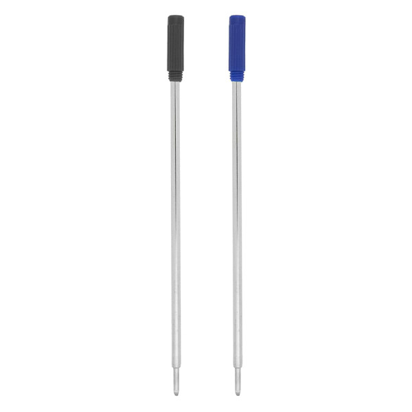 Metal cross-type refills in silver with black and blue plastic caps. Includes two refill options for writing instruments.