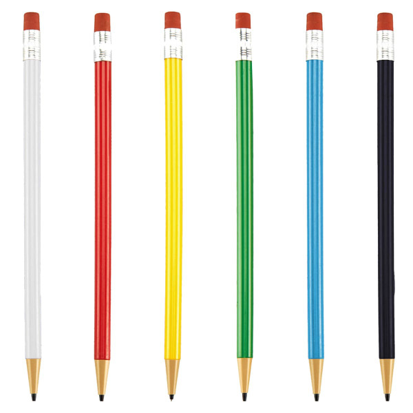 A collection of round mechanical pencils in white, red, yellow, green, blue, and black, featuring erasers and a logo.