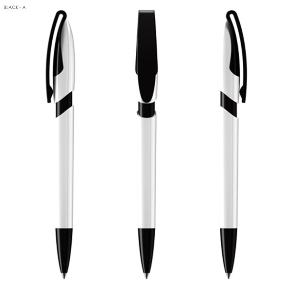 A set of plastic pens in black and white, featuring a sleek design and a logo on the barrel.