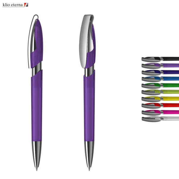 A purple transparent plastic pen with a silver clip, alongside a range of colourful pen variations in a row.
