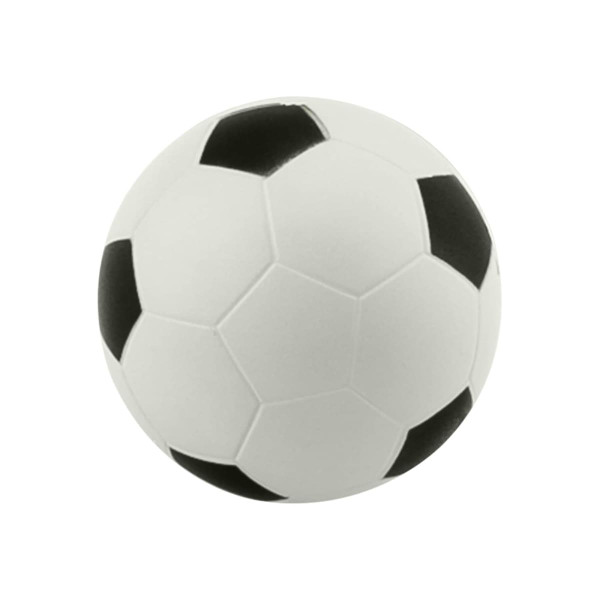 A large stress soccer ball in white with black pentagonal and hexagonal panels, featuring a logo.