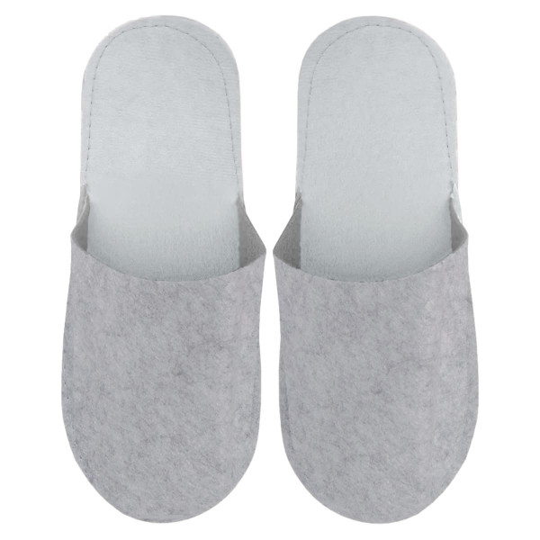 Felt slippers in light grey with a simple design and soft texture, featuring a logo on one slipper.