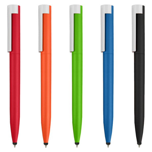 A collection of five stylus pens in red, orange, green, blue, and black, each with a silver clip and tip.