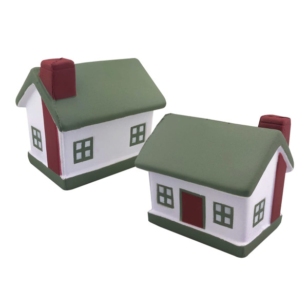 Two stress-relief house shapes with green roofs and white walls, featuring red doors and windows.
