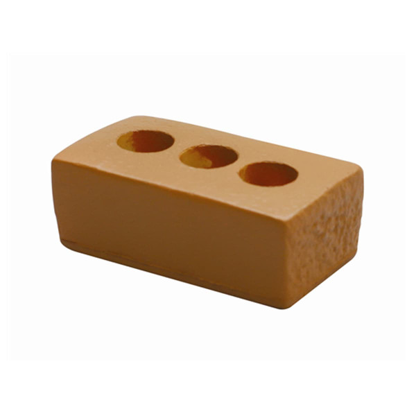 A brown stress brick with three circular indentations on top, designed for stress relief and playful use.