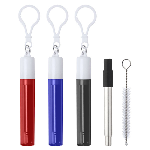 A set of retractable metal straws in red, blue, and black with a cleaning brush and keychain attachments.