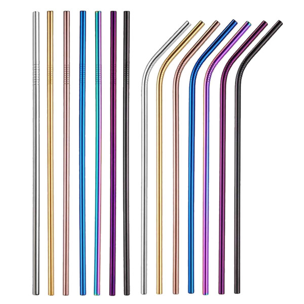 Stainless steel drinking straws in various colours, featuring both straight and angled designs, with logo branding.