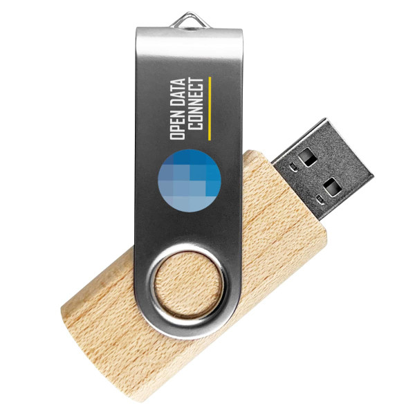 A silver and bamboo USB flash drive, featuring a metal swivel design and a branding logo.