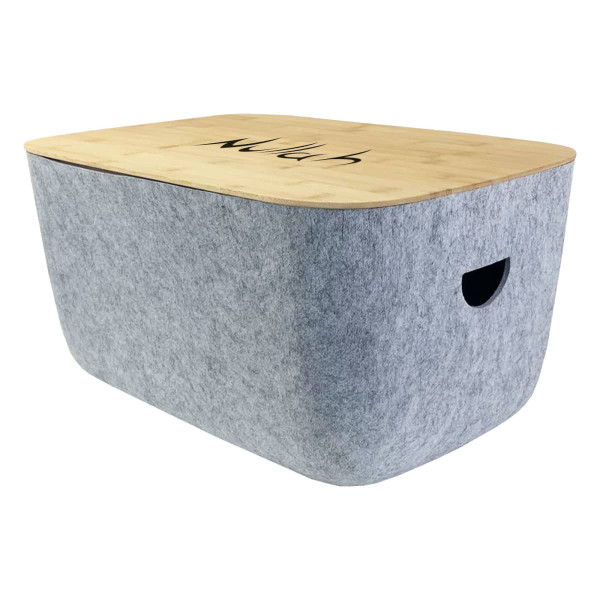 Ava Tub in grey felt with a wooden lid, featuring a cut-out handle for easy access. Stylish and functional storage solution.