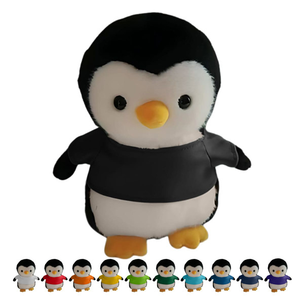 A black and white penguin plush toy with a yellow beak and orange feet, accompanied by smaller penguin plush toys in various colours.