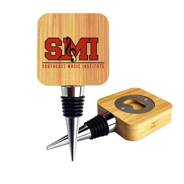 A drink bottle stopper and opener made of bamboo with a metal base, featuring a logo.