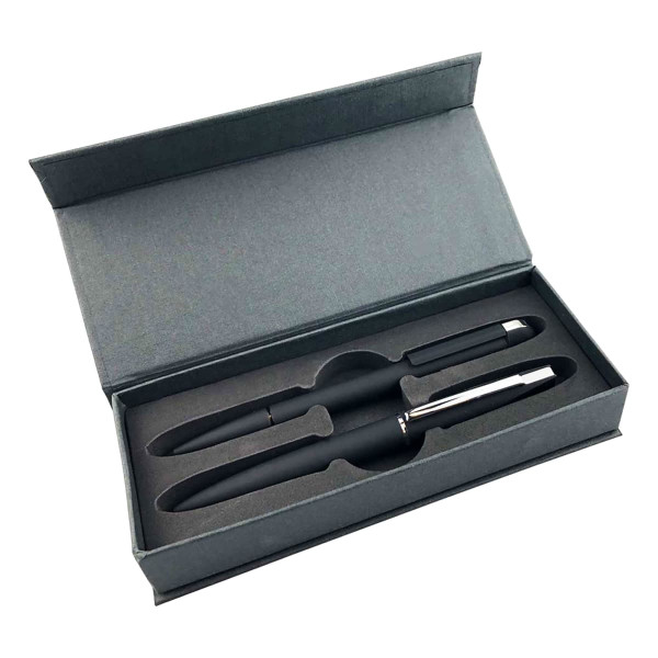 A black pen set in a grey gift box with an insert to hold the pens securely. The box has a lid.