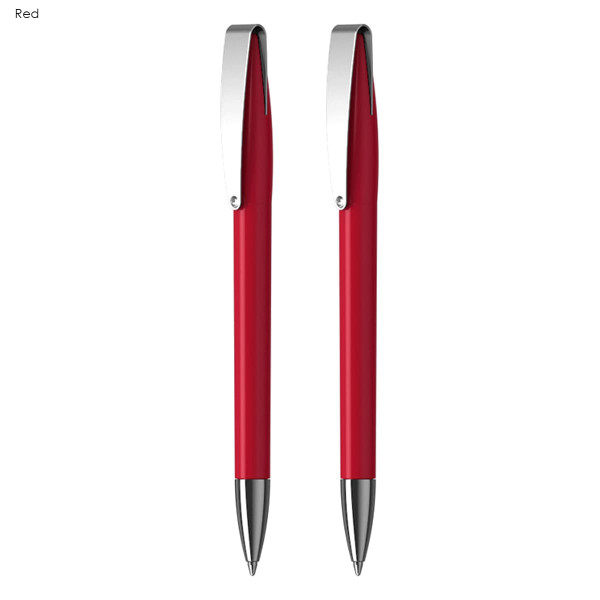 A red pen gift set featuring two sleek plastic pens with chrome clips and silver accents.