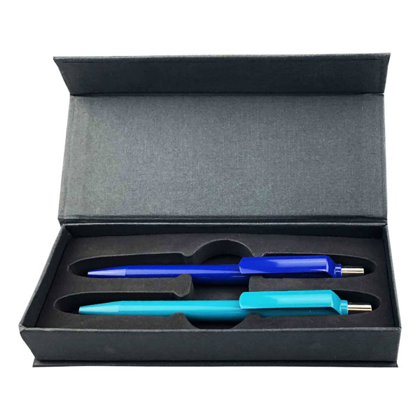 A blue and turquoise pen set displayed inside a sleek black gift box. The box features an inner mould for secure placement.