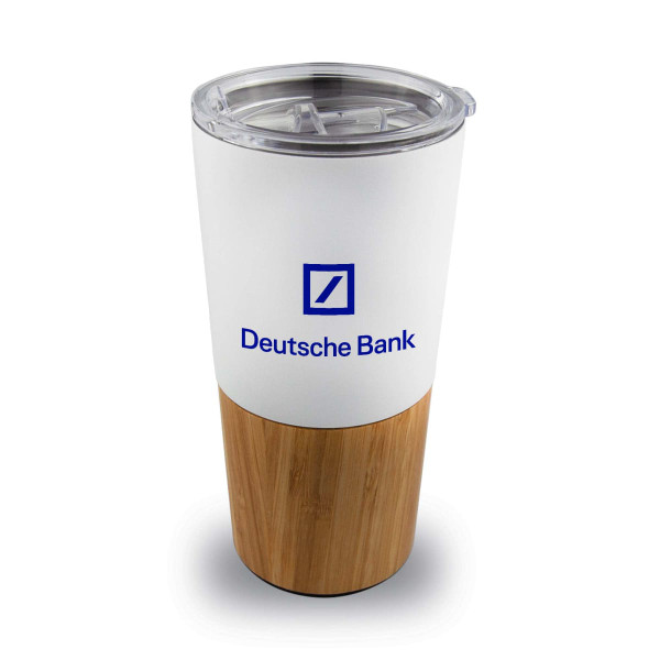A drink bottle featuring a white upper section and a bamboo lower section, with a clear lid and a logo.