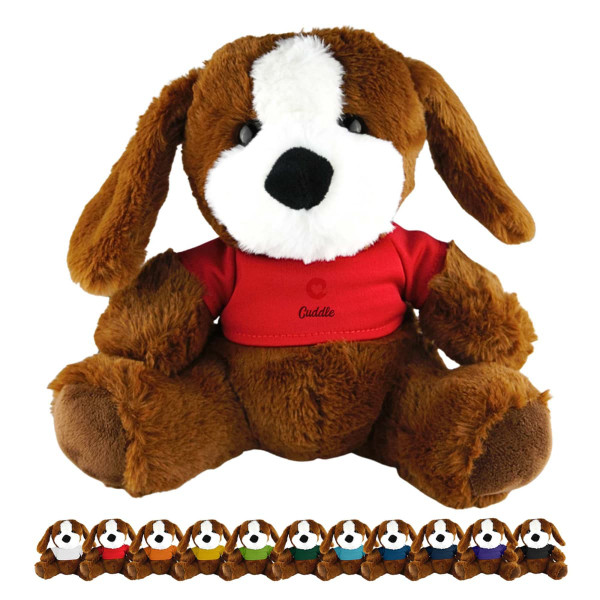 A plush brown dog with floppy ears, wearing a red shirt, surrounded by smaller versions in various colours.