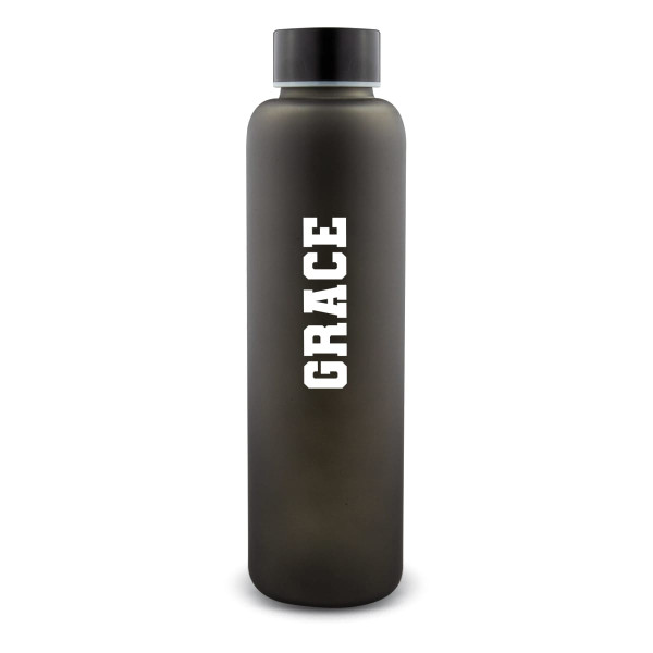 A drink bottle in a sleek black matte finish with a screw-top lid and a logo.