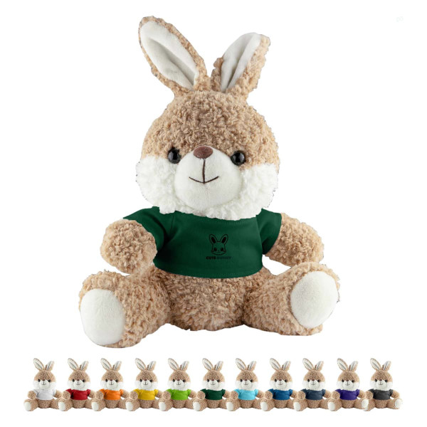 A fluffy brown rabbit plush toy with a green shirt, sitting among various smaller bunny plush toys in different bright colours.