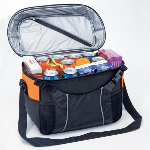 A cooler bag in black and orange filled with drinks and snacks, featuring a zippered opening and a shoulder strap.