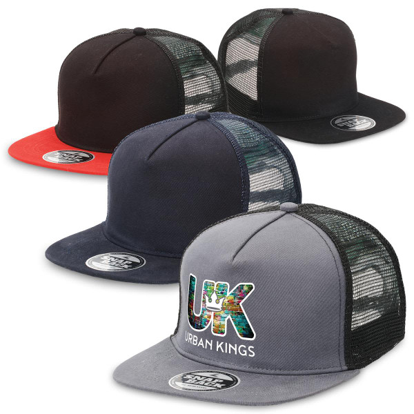 A collection of Chino Flat Peak Trucker caps in black, red, and grey with mesh backs and a logo.