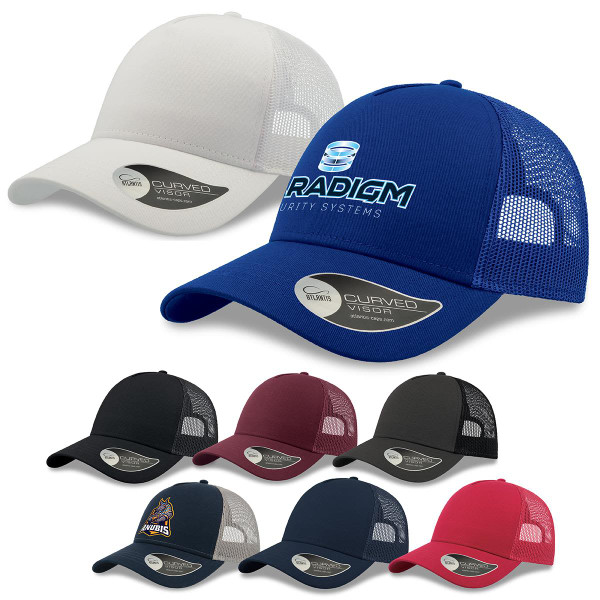 A collection of trucker caps in various colours, featuring mesh back panels and a logo on the front of some.
