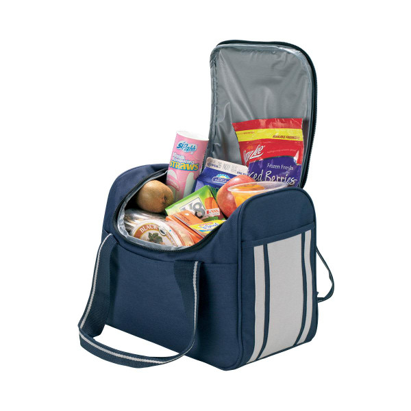 A navy blue cooler bag with grey stripes, filled with various food items and snacks. It has a logo on the front.