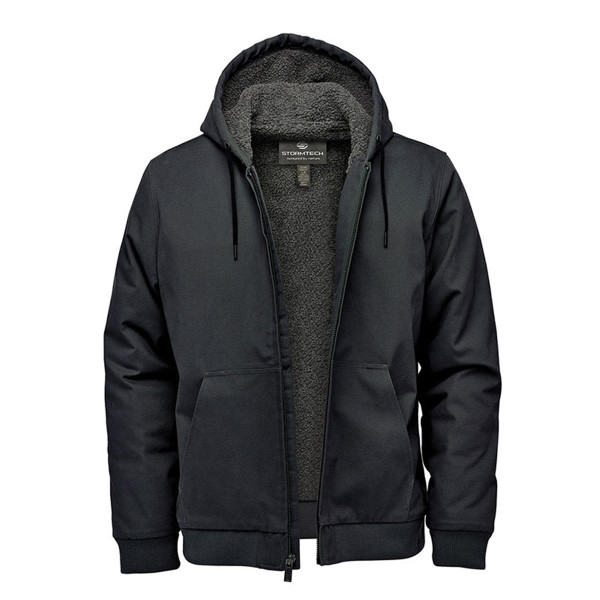 A black hooded jumper featuring a plush lining and front pockets, complete with a logo on the chest.
