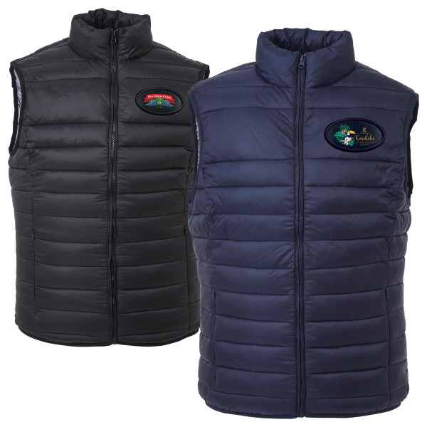 A black and navy puffer vest featuring a logo on the chest, with a zip-up front and quilted design.