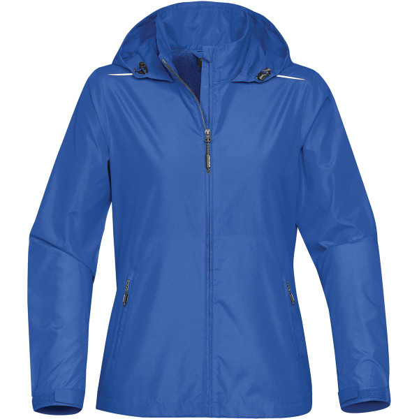 A blue women's rain jacket with a hood and zippered pockets, featuring a branding logo.