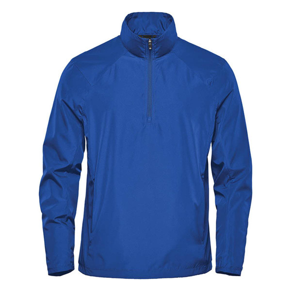 A blue men's 1/4 zip anorak jacket, featuring a high collar and a zipper. It has a logo on the front.