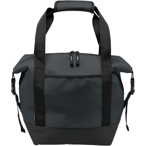 A dark green cooler bag with black handles and a zippered top, featuring a front pocket and a logo.