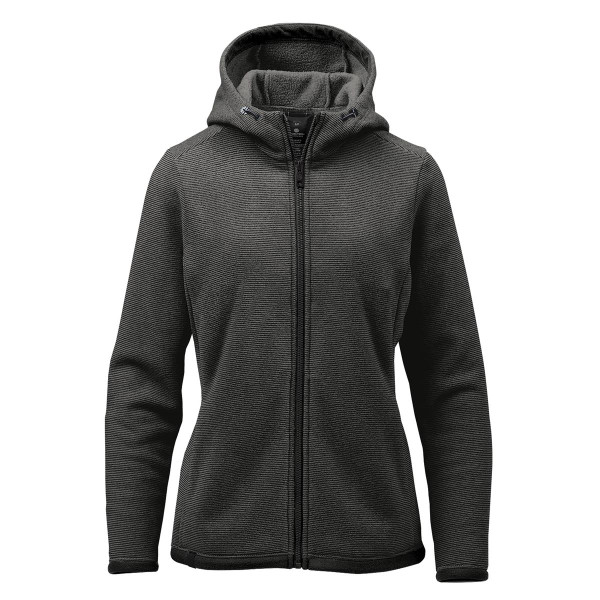 A green women's fleece hoodie with a zip front and an adjustable hood, featuring a branding logo.