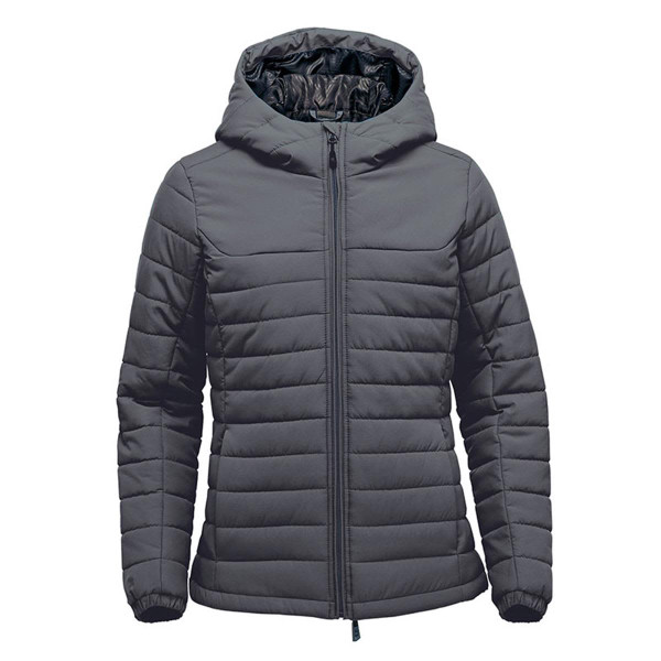 A grey women's quilted hooded jumper featuring a zip front and a logo.