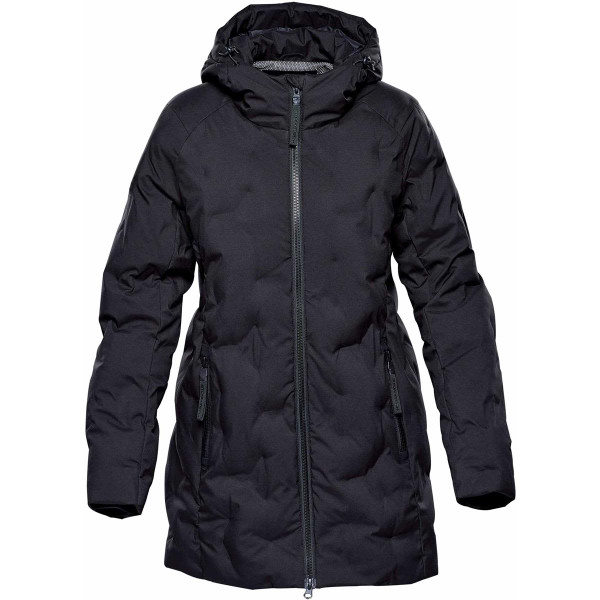 A black women's parka jacket featuring a hood, zip closure, and multiple pockets. It has a puffer design and a logo.