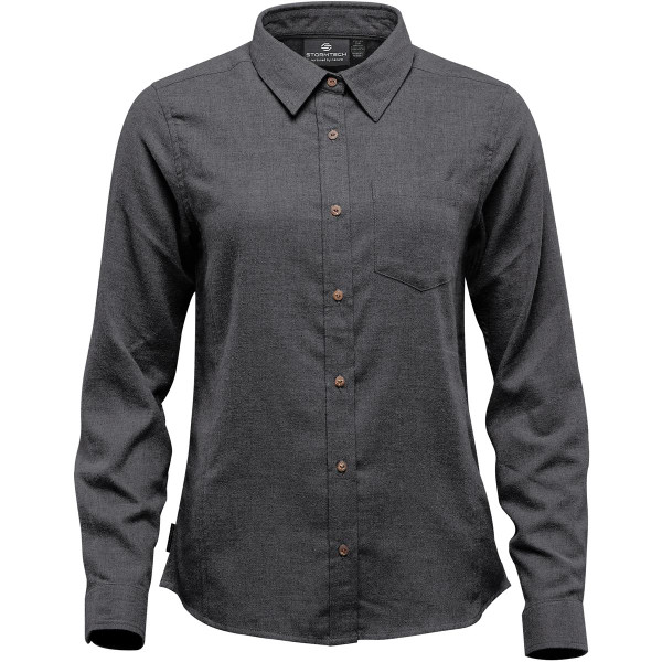 A Women's long-sleeve button-up shirt in grey with a pointed collar, featuring a chest pocket and a logo.