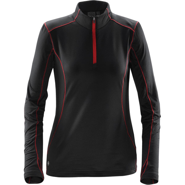 A women's black fleece pullover with red accents and a quarter zip, featuring long sleeves and a logo.