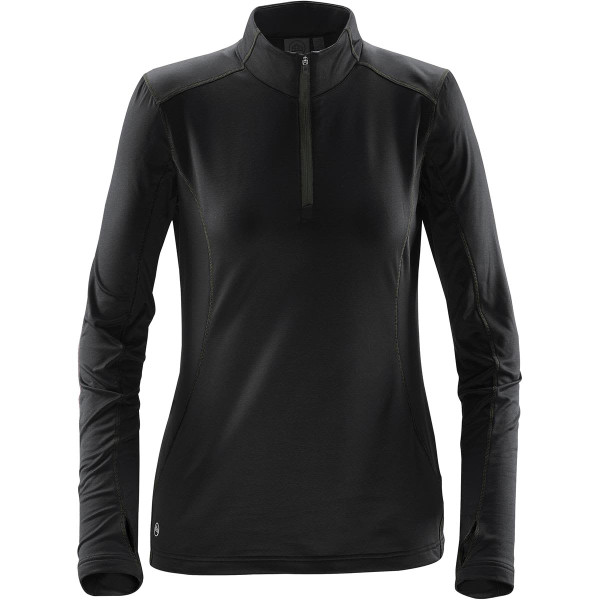 A women's black fleece pullover with a quarter zip and long sleeves, featuring a small logo on the hem.