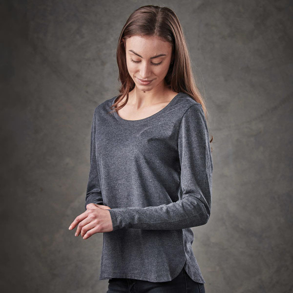 A long-sleeve grey women's T-shirt with an elegant scoop neckline and a subtle logo.
