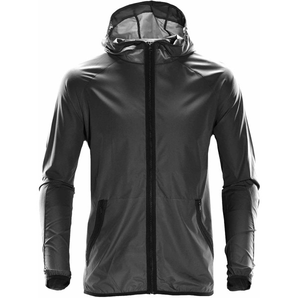 A men's hooded shell rain jacket in black, featuring zippered pockets and a fitted design. It has a logo.