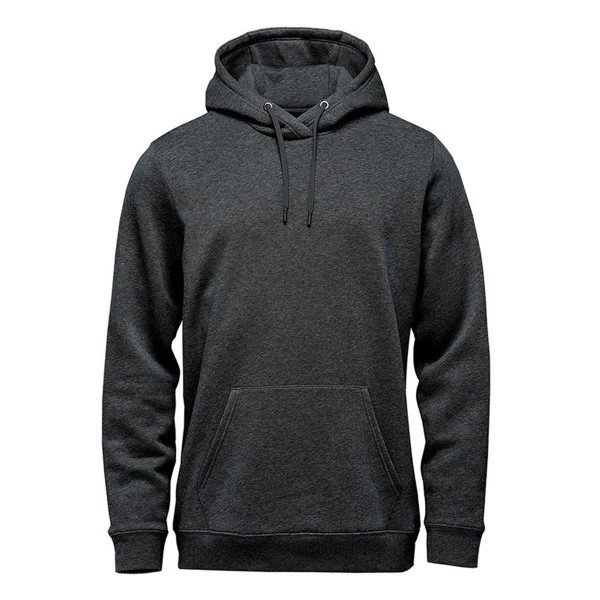 A grey fleece pullover hoody with a front pocket and adjustable drawstring hood. It has a branded logo.