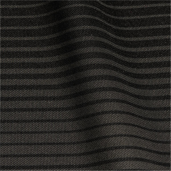 A close-up of a textured fabric in dark olive with subtle stripes, suitable for a men's polo shirt.