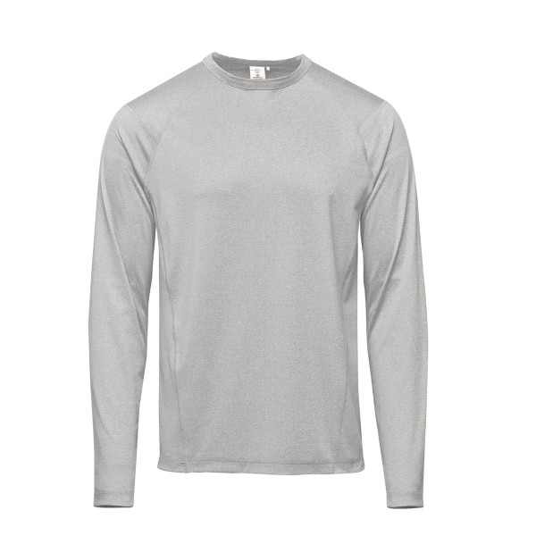 A long-sleeve grey T-shirt featuring a sleek design and a logo. Ideal for casual wear.