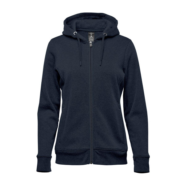 A navy blue women's fleece full zip hoodie featuring a hood and front pockets, with a branding logo.