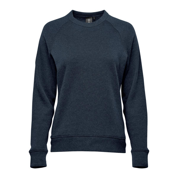A dark navy women's fleece crew neck jumper with a simple design and ribbed cuffs and hem. It features a logo.