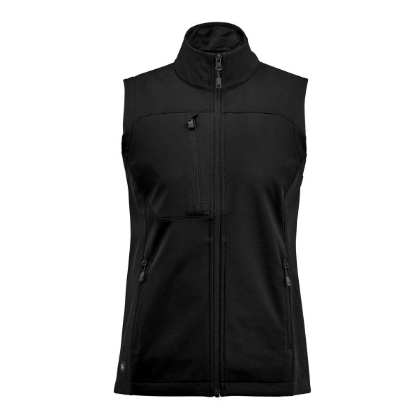 A women's black softshell vest featuring a high collar and zippered pockets, with a logo on the lower side.