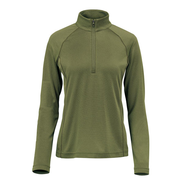 A women's pullover in olive green with a quarter zip and long sleeves, featuring a logo on the front.