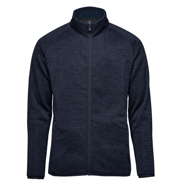 A navy full zip fleece jacket featuring a high collar and a logo on the left chest.