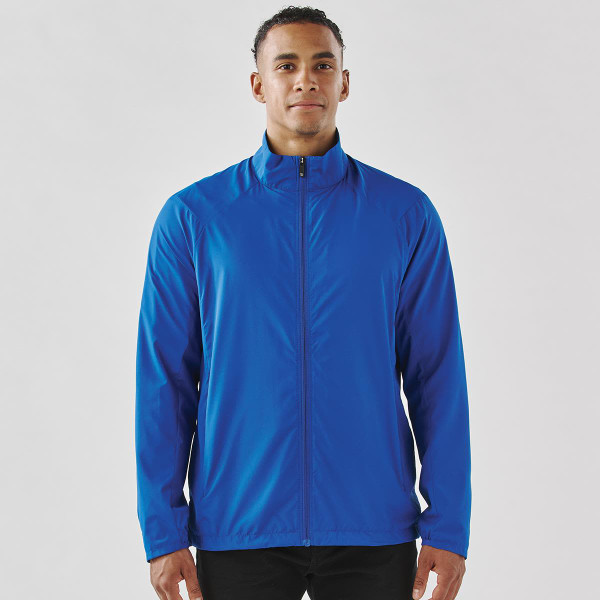 A men's full zip jacket in bright blue, featuring a high collar and a logo. Perfect for rain protection.